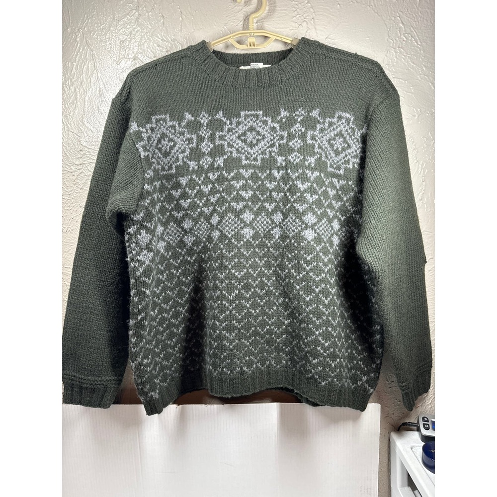 Jeffrey Banks Hand Knit 100% Shetland Wool Nordic Green Sweater Mens Size Large